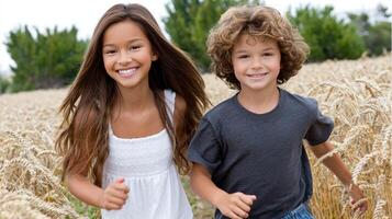 Two children running through a field of wheat photo