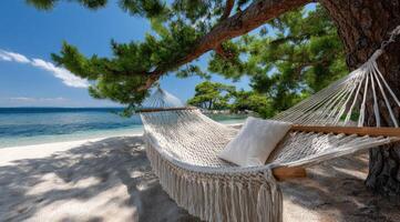 Hammock bliss on the beach with stunning sea views and vibrant natural light inviting ultimate relaxation photo