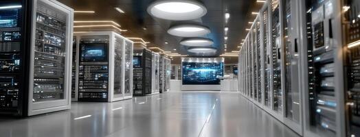 A long hallway with servers in a data center photo