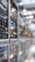 A close up of a server rack with lights photo