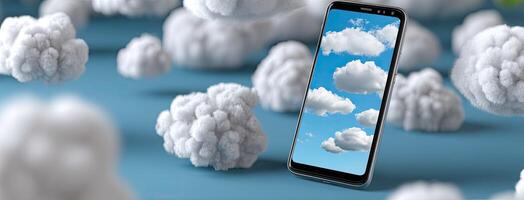 A smartphone is surrounded by clouds and a blue sky photo