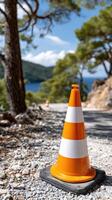 A traffic cone on the side of a road photo