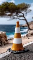 A traffic cone on the side of a road near the ocean photo