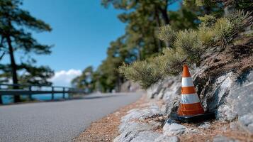 A cone is sitting on the side of a road photo