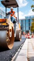 A construction worker is working on a road photo