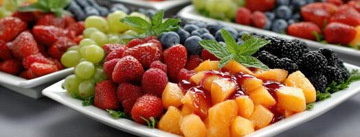 A variety of fruit in white bowls photo