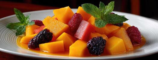 A plate of fruit with mint leaves on it photo