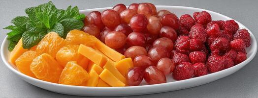A white plate with fruit and mint leaves photo