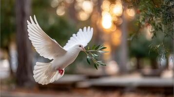 A white dove flying through the air with an olive branch photo