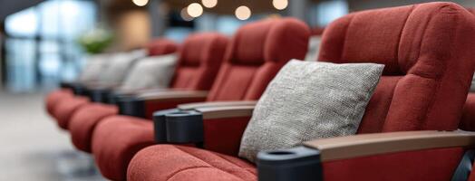 A row of red seats in a movie theater photo
