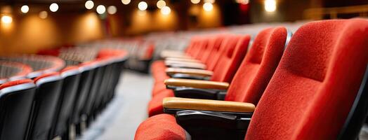Rows of red seats in an auditorium photo