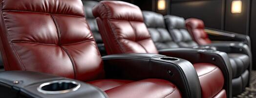A row of red leather recliners in a movie theater photo
