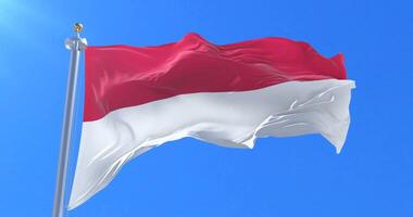 Flag of Monaco waving at wind in slow in blue sky, loop video