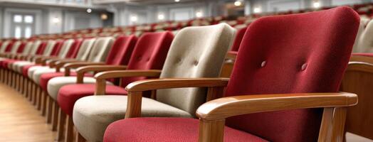 Rows of red and beige chairs in an auditorium photo