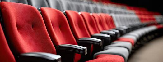 Rows of red and grey seats in an auditorium photo