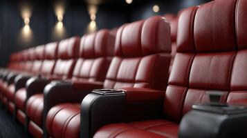 A row of red leather seats in a movie theater photo
