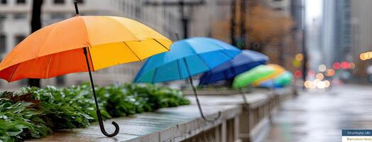 A row of colorful umbrellas on a sidewalk photo