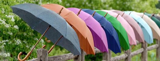 A row of colorful umbrellas are lined up on a fence photo