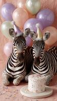 Two zebras sitting next to a cake photo