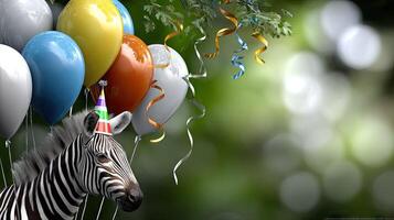 A zebra with a birthday hat on its head photo
