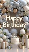 Happy birthday card with balloons and presents photo