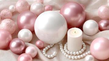 A candle and some pink and white balloons photo