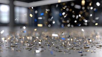 Confetti falling on a floor with a few gold and silver pieces photo