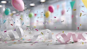 Many balloons and confetti are scattered on the floor photo
