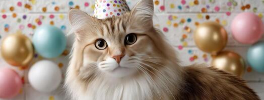 A cat wearing a party hat on a birthday party photo