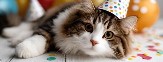 A cat wearing a party hat laying on the floor photo
