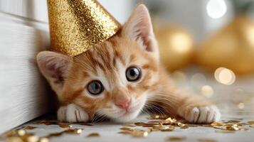 A kitten wearing a party hat photo