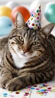 A cat wearing a party hat and surrounded by confetti photo