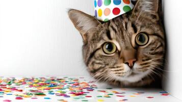 A cat with a birthday hat on its head photo