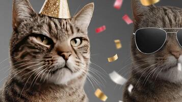 Two cats wearing sunglasses and party hats photo