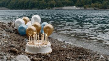 Birthday cake on the beach with balloons photo