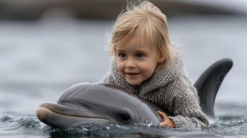 A young child is holding onto a dolphin photo