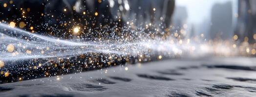 A close up of a city street with a light shining photo