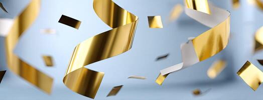 Golden confetti streamers on blue background photo