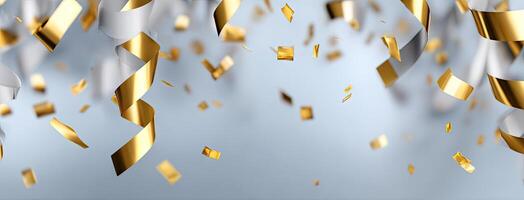 Golden confetti streamers on a blue background photo