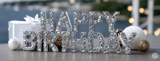 Happy birthday text with sparkles on a table photo