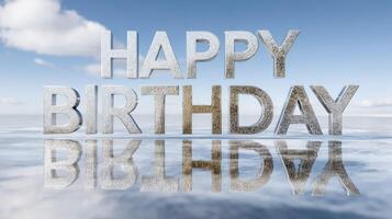 Happy birthday word on the water surface with clouds and sky background photo