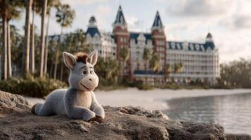 A stuffed donkey sitting on a rock near the beach photo