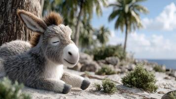 A donkey is laying on the beach near the ocean photo