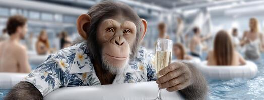 Monkey in swimming pool with champagne photo