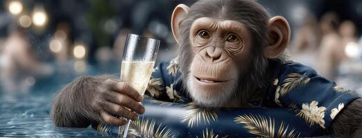 Monkey in swimming pool with a glass of champagne photo