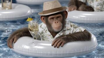 Monkey in a pool with a drink photo