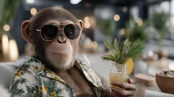 A monkey wearing sunglasses and a shirt holding a cocktail photo