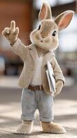 A rabbit wearing a suit and tie is holding a book photo