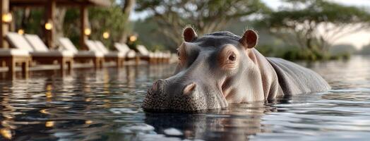 A hippo is floating in the water near a resort photo