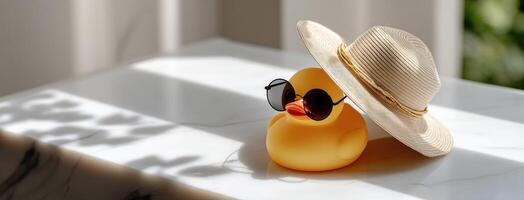 A rubber duck wearing a hat and sunglasses photo